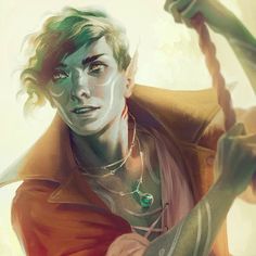 an elf with green hair and pointed ears smiles as he climbs a rope. he's wearing a reddishorange open shirt that shows a green amulet. his expression is happy and determined. the lighting is bright, and the background is a soft yellowgreen.