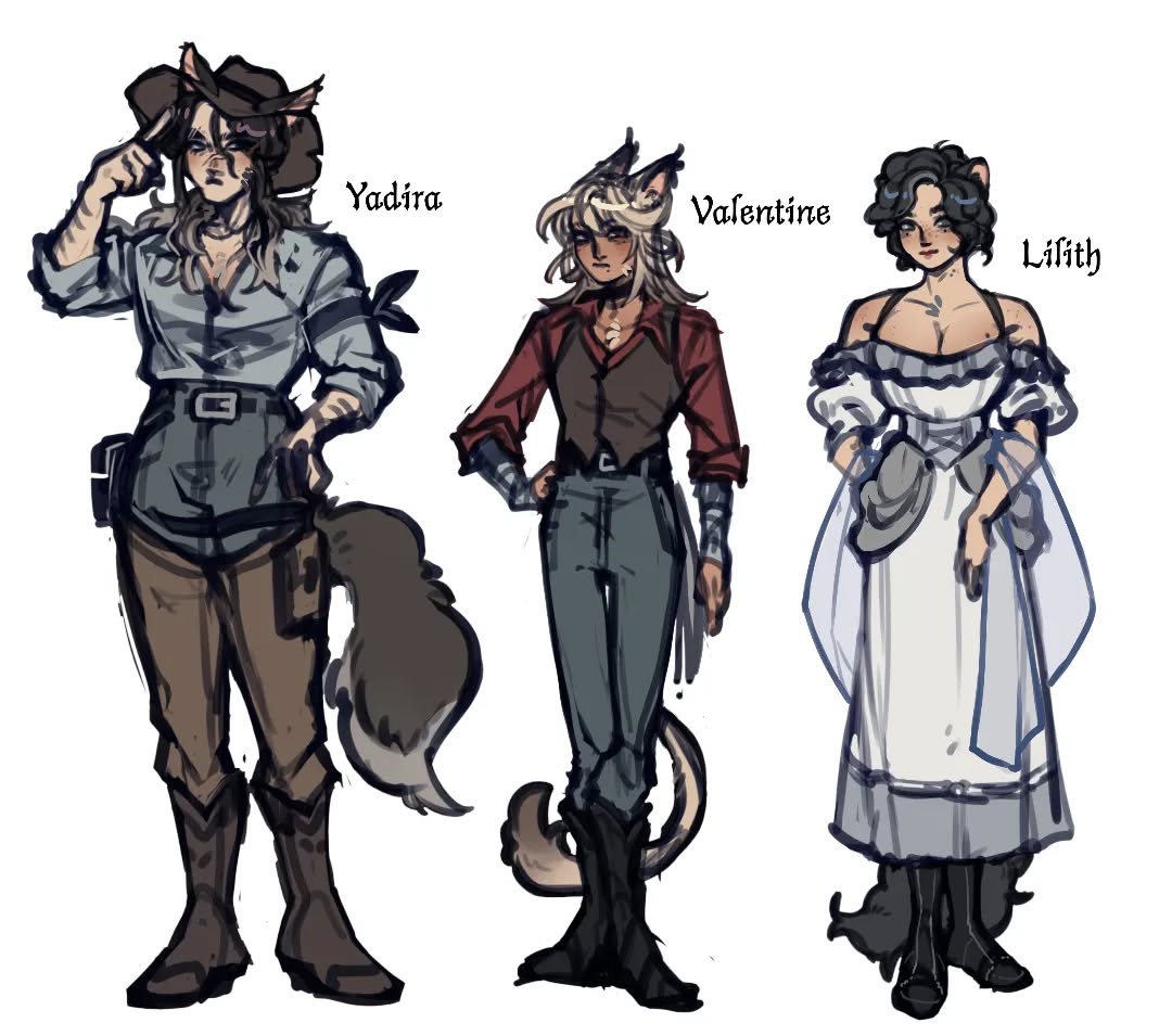 he image contains three fullbody illustrations of anthropomorphic catgirls, each in a different style of clothing.  on the left is yadira, a cowgirl with a long tail, dressed in western attire. in the center is valentine, who wears a more androgynous outfit reminiscent of steampunk or fantasy.  on the right is lilith, in a victorianstyle dress. each character has a name written next to them. the art style is dark and slightly sketchy.