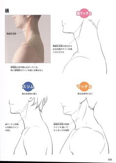 this image is a page from a drawing tutorial book. it showcases the anatomy of the male neck in various positions, highlighting muscle definition and providing guidance for artists. the sketches are rendered in a soft, grayscale style with annotations in japanese.
