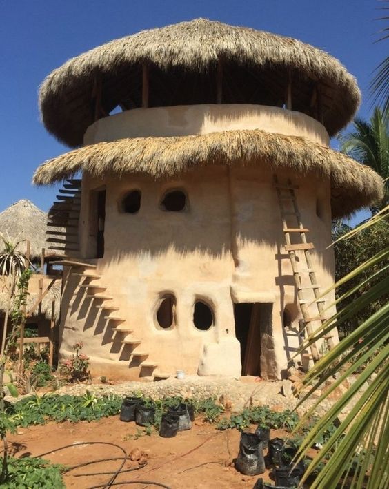 a round, multistoried earth house with a thatched roof is shown under a clear blue sky. the house is made of natural materials like cob and straw. a ladder leans against the side of the house, indicating that it is still under construction. the surrounding area is a garden with young plants and black plant pots. the scene is peaceful and shows a sustainable, ecofriendly way of building.