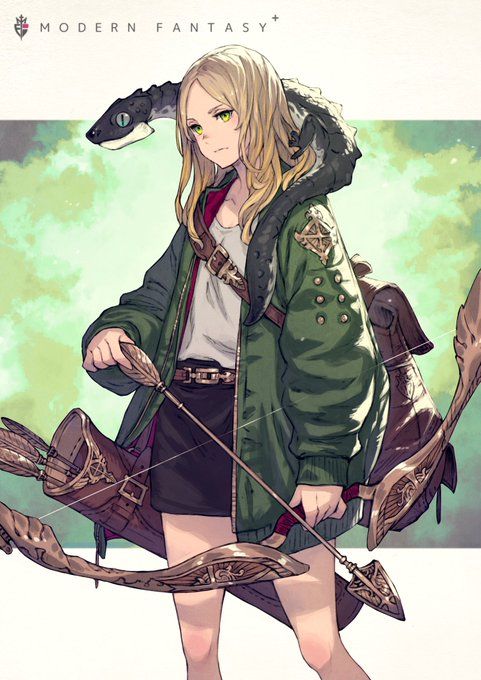 a young anime girl with long blonde hair is wearing a green jacket, a black skirt, and brown boots. she is holding a bow and arrow, and her right arm is resting on a creature that resembles a lizard, with brown eyes and a green reptilian skin. she is standing in front of a light green background with the text “modern fantasy” at the top of the image. the image is drawn in a cartoon style.