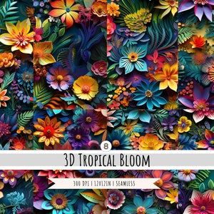 a vibrant and colorful image showcases a seamless 3d tropical bloom pattern with an array of exotic flowers. the design is rich with floral details, bright colors, and botanical elements.