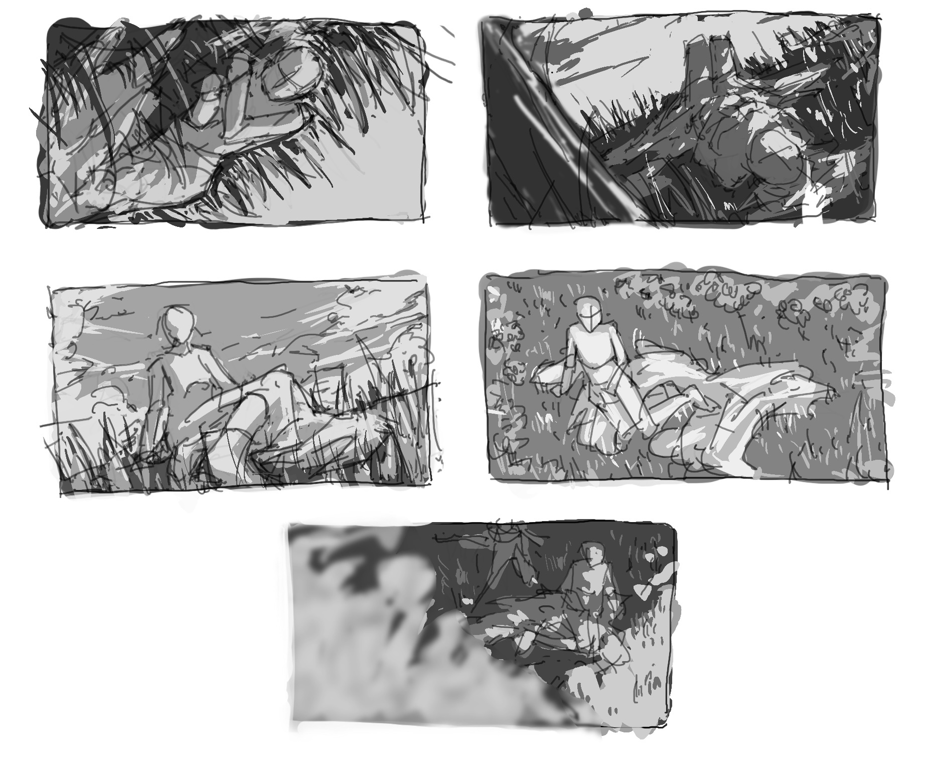 the image presents a series of six grayscale sketches, likely part of a storyboard.  they depict two figures engaged in some sort of struggle or chase within a grassy field. there's a sense of action and motion conveyed through the dynamic poses and perspective shifts. the lighting is dramatic with high contrast, adding to the intensity of the scene.