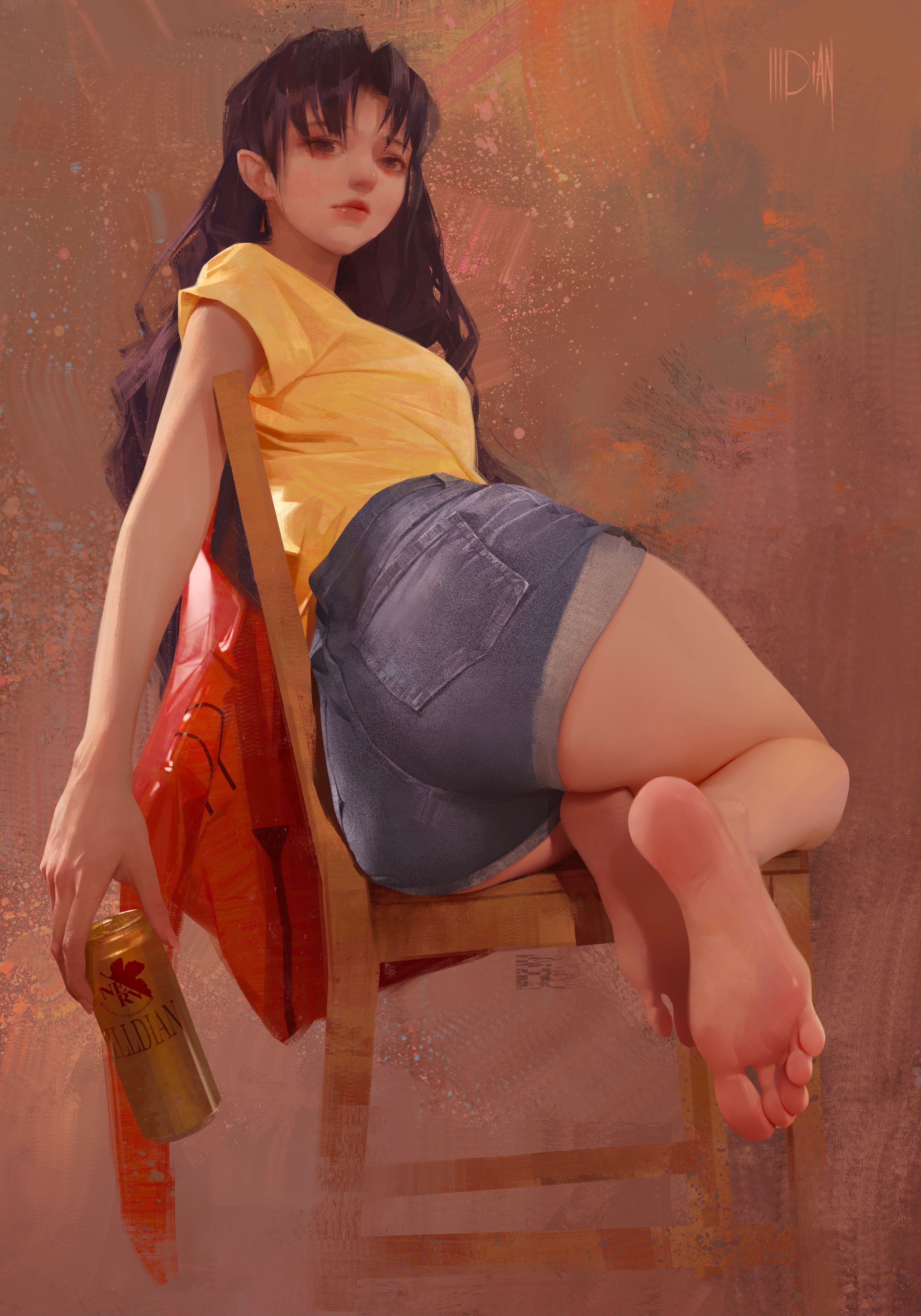 a young woman with long black hair sits facing away from the viewer on a wooden chair. she wears a yellow tshirt and denim shorts.  her red jacket is draped on the back of the chair.  she holds a can of beer in her left hand. the background is a warm brown with subtle texture. the overall style is reminiscent of digital anime illustration.