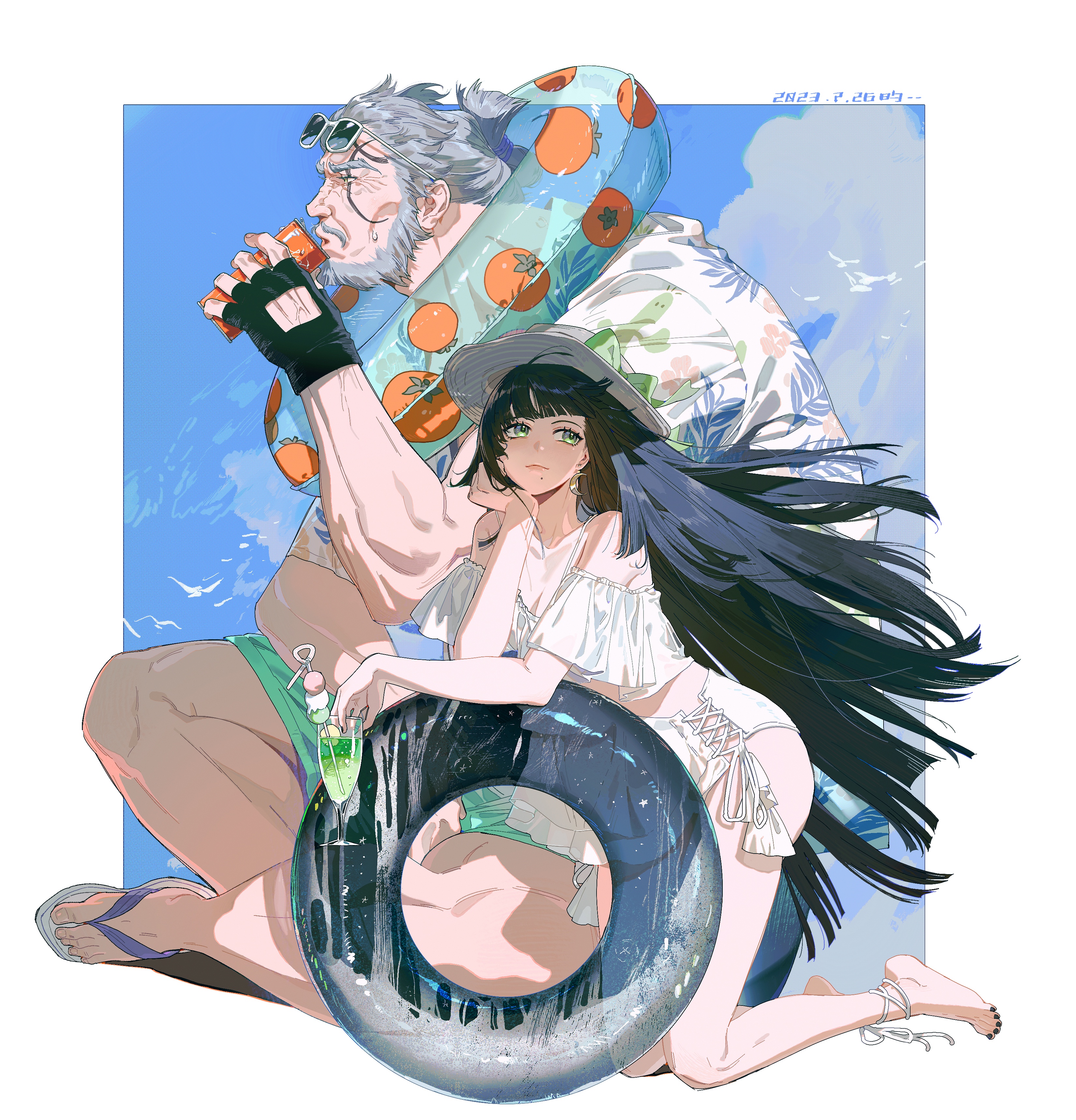 the image shows an anime couple on a beach. the man is muscular and has white hair, and is wearing a white shirt with flower patterns on it. he is holding an orange juice and a blue float with orange patterns on it. the woman has long black hair and is wearing a white bikini with a white sundress and a hat. she is holding a green drink and a big black ring float. there are seagulls flying in the background. the artwork has a bright and cheerful style, and the characters look relaxed and happy.