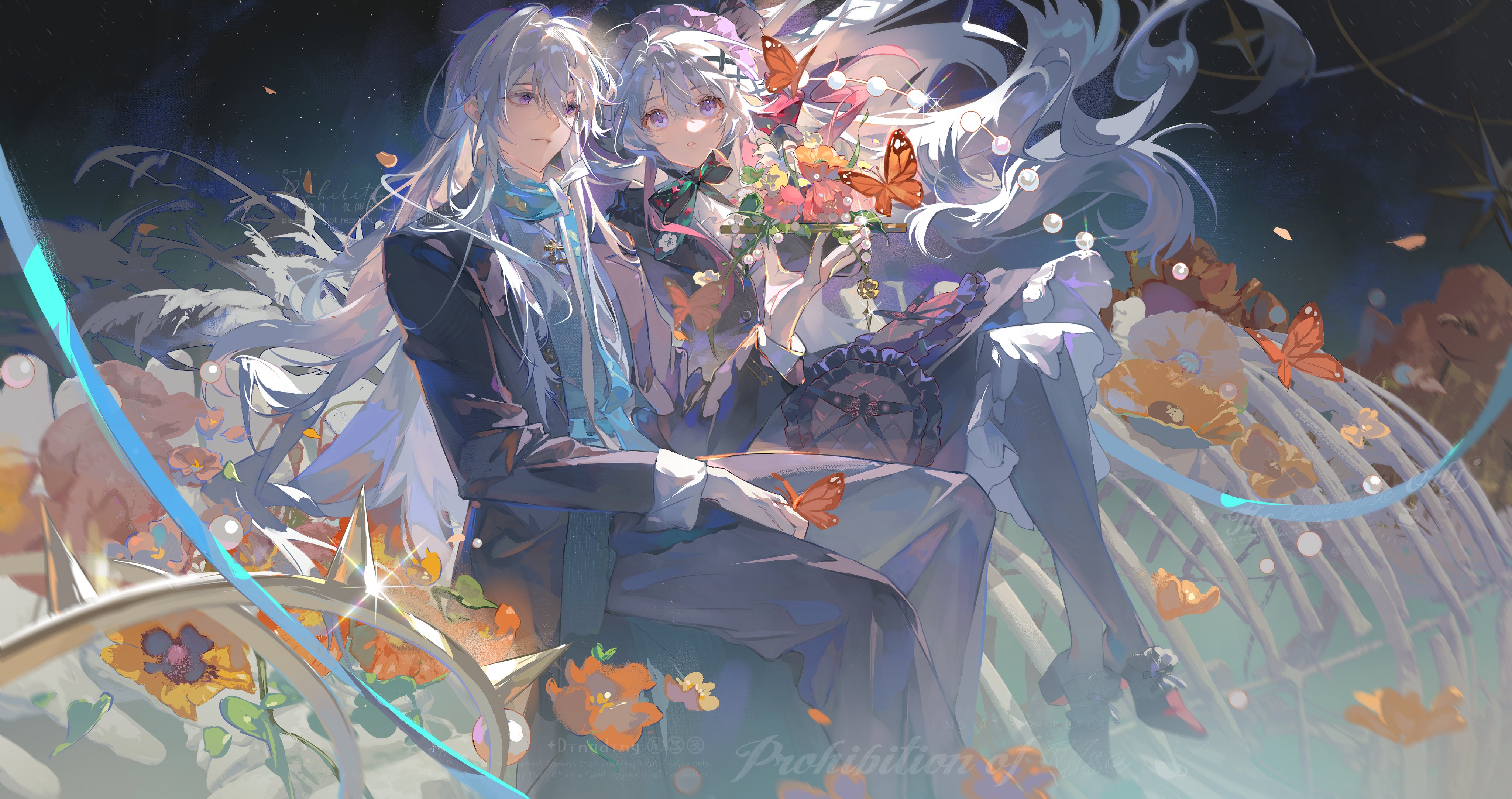 the illustration features three characters, two females and one male, with long flowing white hair, amidst a backdrop of a starry night sky and ethereal floral elements. they are adorned in elegant attire with a palette dominated by cool tones. the characters are the focal point, positioned centrally in a frontal view, enhancing their captivating presence. butterflies and flowers are strategically placed, amplifying the enchanting aura of the composition.