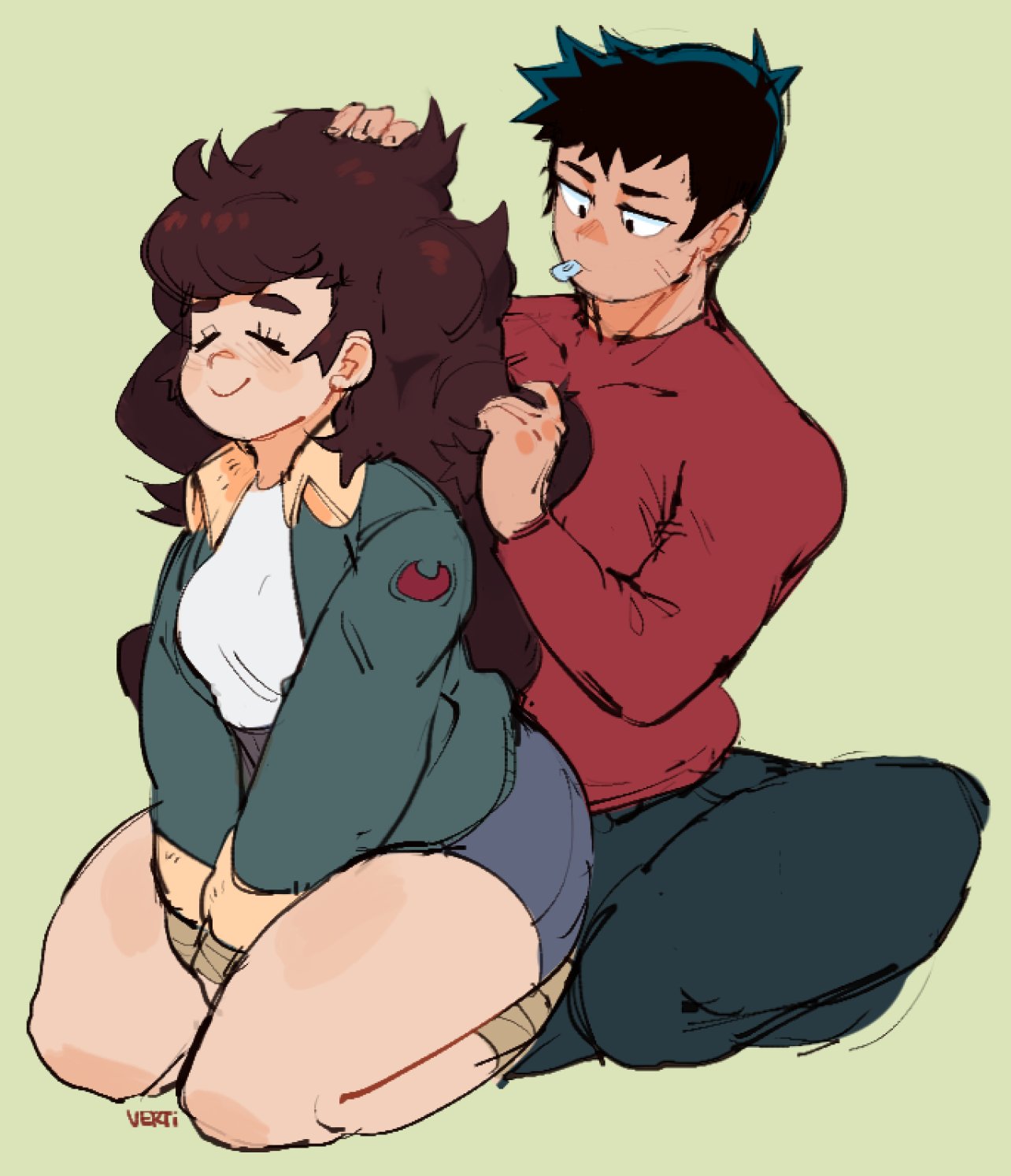 a digital illustration of a couple sitting together, the girl is on the left sitting with her knees bent and the boy is on the right with his right leg bent and his left leg stretched out, they are drawn in anime style and the girl is wearing a green jacket and the boy is wearing a red long sleeve shirt and black pants. the girl is sitting with her hands on her lap and her eyes closed, she is smiling softly. the boy is looking at the girl and has a gentle expression. the background is a pale green.
