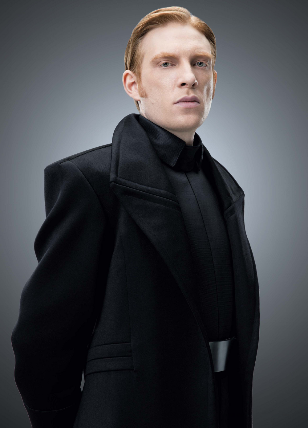 a portrait of domhnall gleeson wearing a black coat.