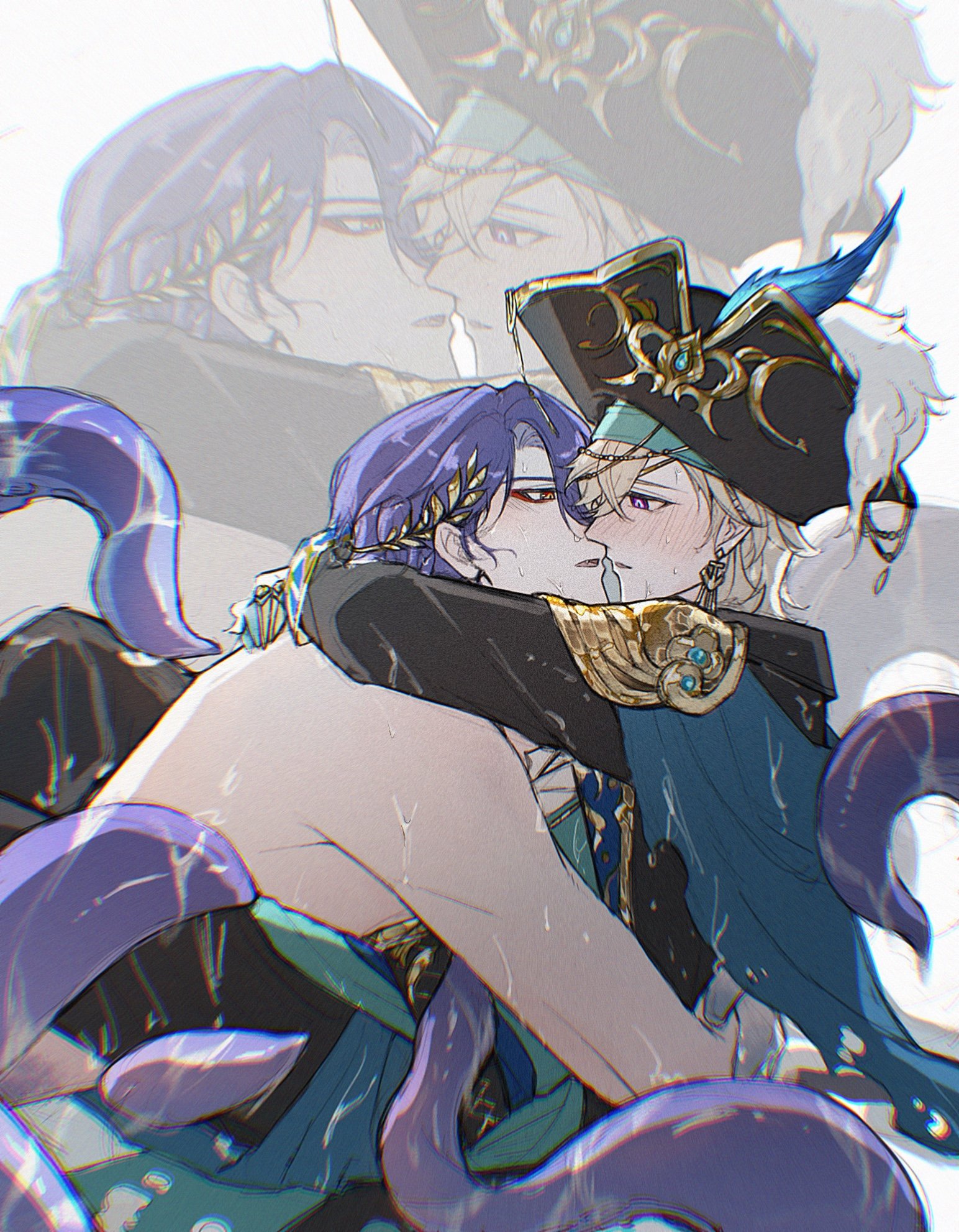 the image is a piece of fanart depicting a romantic embrace between two animestyle male characters.  one, with purple hair adorned with a golden crownlike accessory, is embracing the other, who wears a detailed, ornate pirate captain's hat and tealandgold clothing.  the embrace is passionate, and the characters appear wet, with water droplets visible on their skin. large purple tentacles are entwined around and behind them, adding to the fantastical and sensual atmosphere. a ghostly, transparent image of what appears to be the same two characters is visible in the upper left corner, suggesting a memory or dreamlike quality. the overall style is highly detailed and suggestive of a romantic relationship.