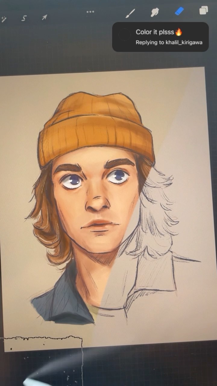 the image shows a digital drawing in progress on an ipad. the drawing is a portrait of a young man wearing a beanie.  only the left half of the portrait is colored, while the right half is a pencil sketch. a comment requesting the artist to "color it plsss" is visible at the top of the image. the overall style is reminiscent of a stylized, slightly cartoonish realism.