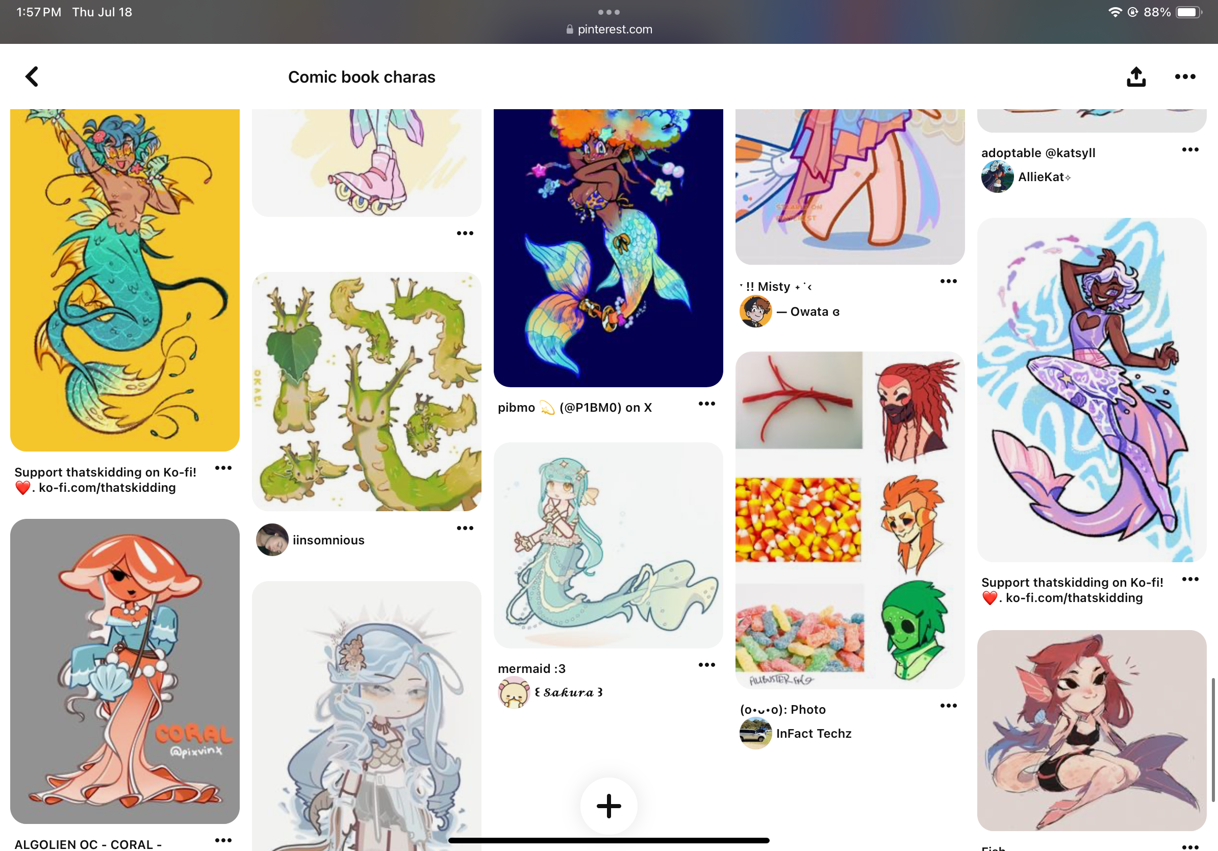 a screenshot of a digital art collection of mermaid character designs. the art style is cartoonish and brightly colored, depicting various interpretations of mermaids with different body types, tails, and accessories.