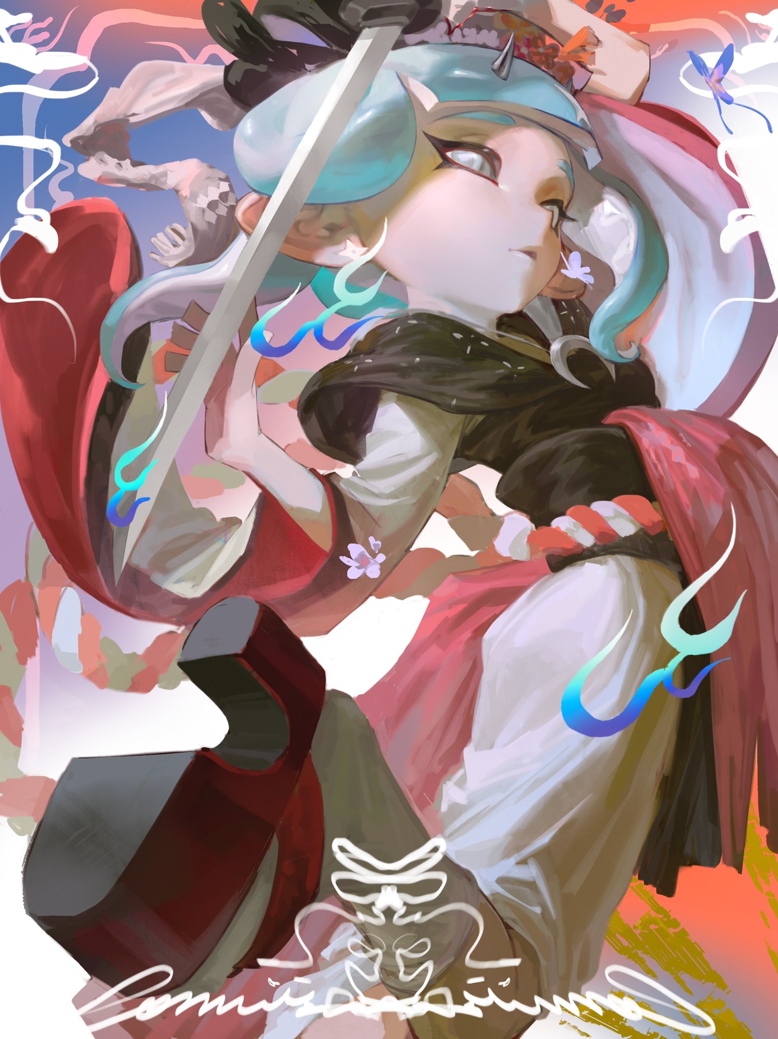 a digital illustration of a young anime girl with blue hair, wearing a kimono, wielding a sword. the illustration is done in a fantasy style, with vibrant colors and dynamic poses. the girl is fierce and determined.