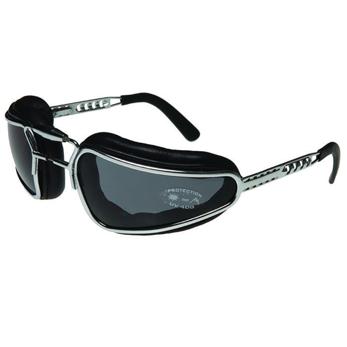 a pair of vintagestyle aviator sunglasses with chrome frames and black leather padding on the sides. the lenses are gray and feature a "uv 400 protection" label. the sunglasses have side shields to protect the eyes from sunlight and wind. they have a retro, motorcyclegoggle appearance.