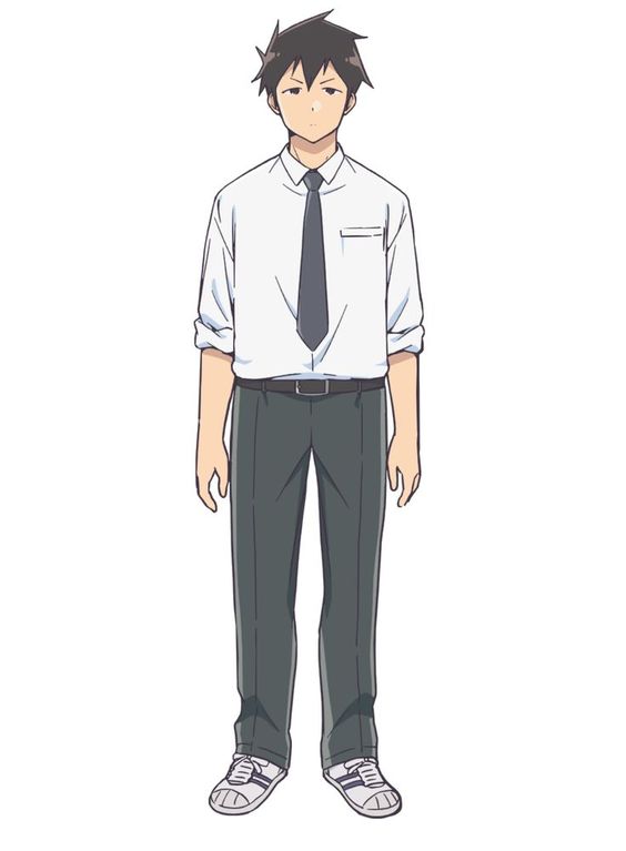 a fullbody illustration of a male anime character against a white background. he has short, dark hair and is wearing a typical japanese school uniform, including a white buttondown shirt, a dark gray tie, and matching pants. his shoes are white sneakers. his expression is neutral, and he's standing with his arms at his sides.