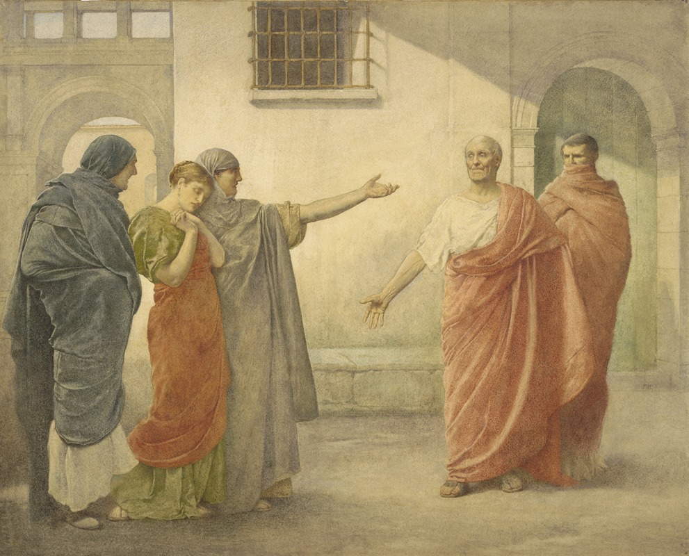 the image is a classicalstyle painting depicting a solemn scene in what appears to be an ancient roman courtyard. on the left, three figures stand together: a woman dressed in a dark robe, a younger woman with a reddishorange dress, and another woman in a grey robe with her arm extended towards an older man on the right. the older man, dressed in a white tunic and reddishorange toga, stands with outstretched arms. behind him, another man in a matching toga stands in a doorway. the architecture includes a doorway, window with bars, and arched openings. the overall mood is serious, and the gestures of the figures suggest supplication or emotional exchange.