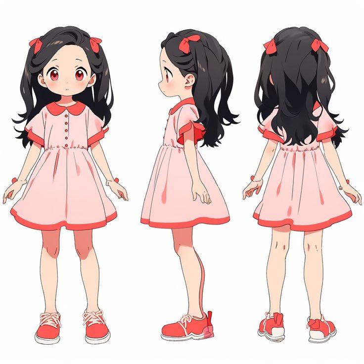 this image shows a character design sheet for a young anime girl. the sheet includes three views of the character: front, side, and back.  the girl is depicted wearing a pink dress with red trim, red shoes, and red bows in her hair. she has dark hair and large, expressive eyes. the style is reminiscent of modern anime character design, with a clean line and vibrant colors.  the art is likely concept art for an animation or manga project.
