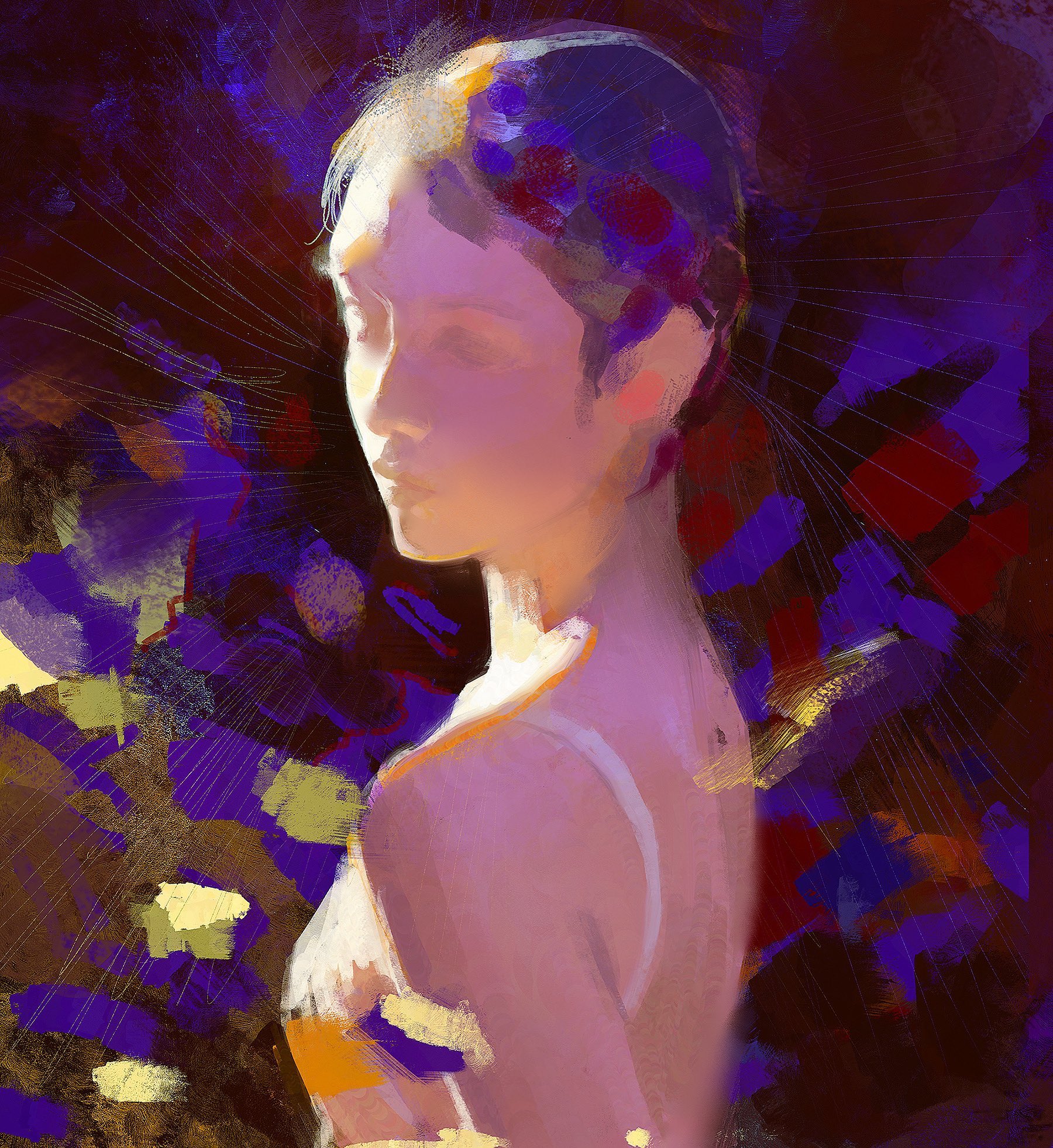 this abstract painting depicts a woman's portrait, rendered with vibrant brushstrokes and a rich color palette.  the background is a blur of purple, blue, red, and yellow hues, creating a sense of depth and movement. the woman's face is partially obscured, leaving her expression to be interpreted by the viewer. the overall impression is one of mystery, elegance, and beauty.