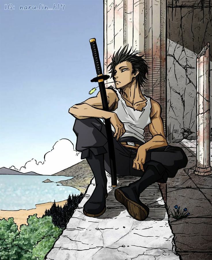 a digital illustration depicts an anime character with black hair sitting on a ledge with his feet resting on a lower part of the ledge. the character has a black katana in his right hand, and he's wearing black pants and boots, a white shirt, and a light blue and white bandana around his neck. the character has a serious expression and is looking off to the left. the background is of a beach with blue water and green trees and shrubs in the foreground. the sky above is blue and white, with fluffy clouds, and the setting sun shines on the beach.  the  building's wornout stone wall behind the character creates a sense of time and solitude in this digital illustration.