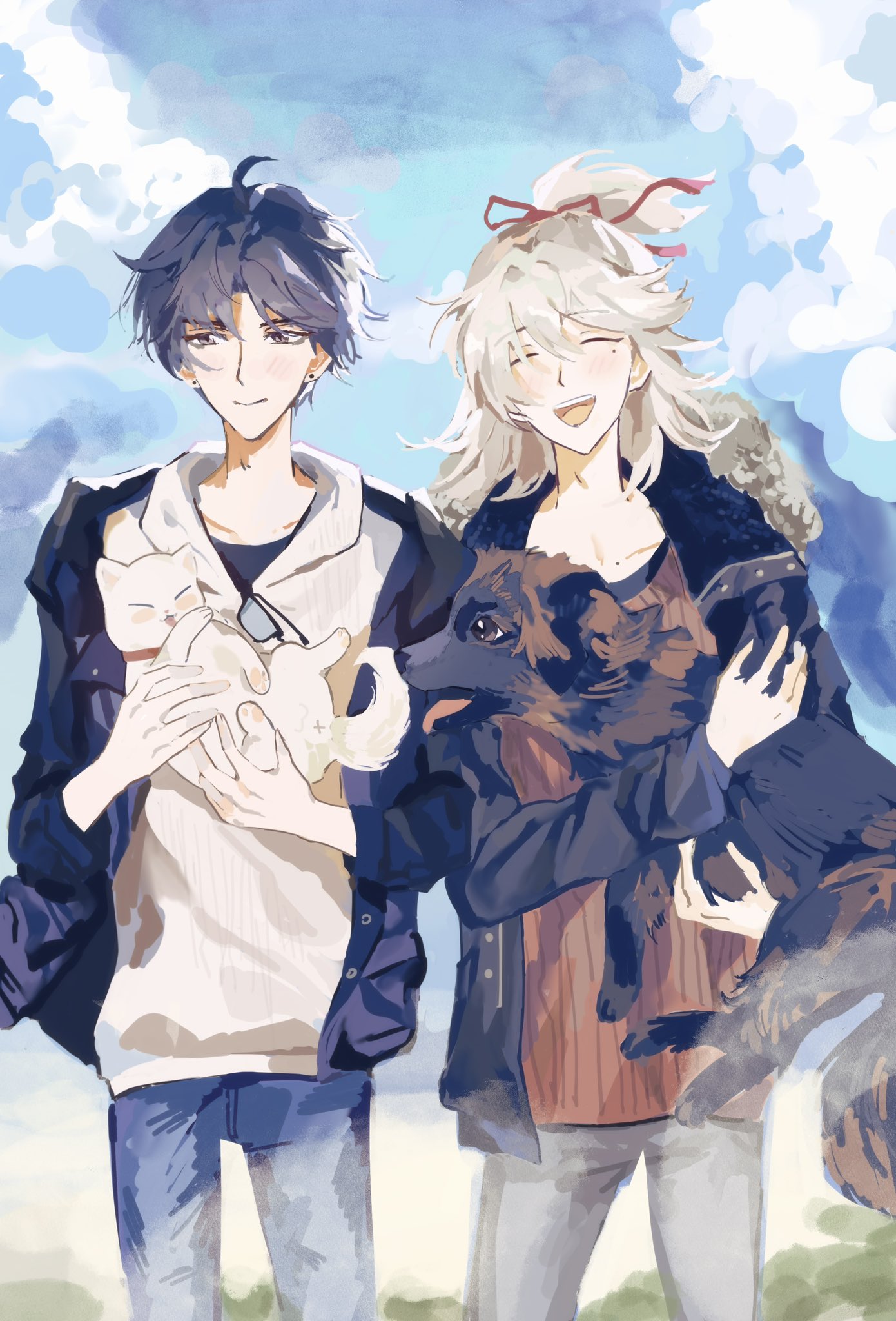 the image is a digital illustration of an anime couple. the male character has short black hair and is wearing a black jacket, a white shirt, and blue jeans. he is holding two white cats in his arms. the female character has long white hair and is wearing a red and white shirt, black jacket, and light blue jeans. she is holding a black and brown dog in her arms. the couple is smiling and looking at each other, seemingly happy together. they are standing against a light blue and white background with clouds. the art style is cartoonish and colorful, with a focus on cuteness and sweetness.