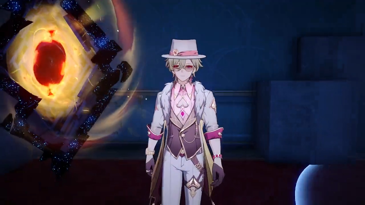 a character from the popular video game genshin impact, scaramouche, is standing in a dark room. he is wearing a white suit and a hat, with glasses on his face. he is looking forward, and there is a large, glowing, redorange energy ball floating in front of him.  the energy ball appears to be pulsating.  scaramouche has a neutral expression on his face. he stands with a slight tilt of his head, looking out at the energy ball. the room around him is dark and mysterious, with a simple background of a wall and a floor. the lighting is dim, and the only source of light comes from the energy ball. the scene is overall dark and moody.