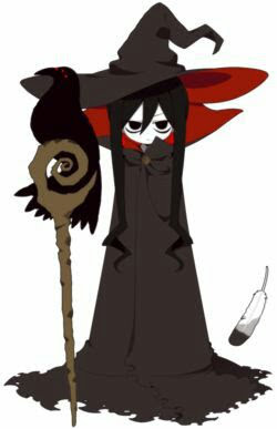 a black and white cartoon illustration of a female witch in a long black cloak with a pointed black hat. she holds a staff with a crow or blackbird on top.