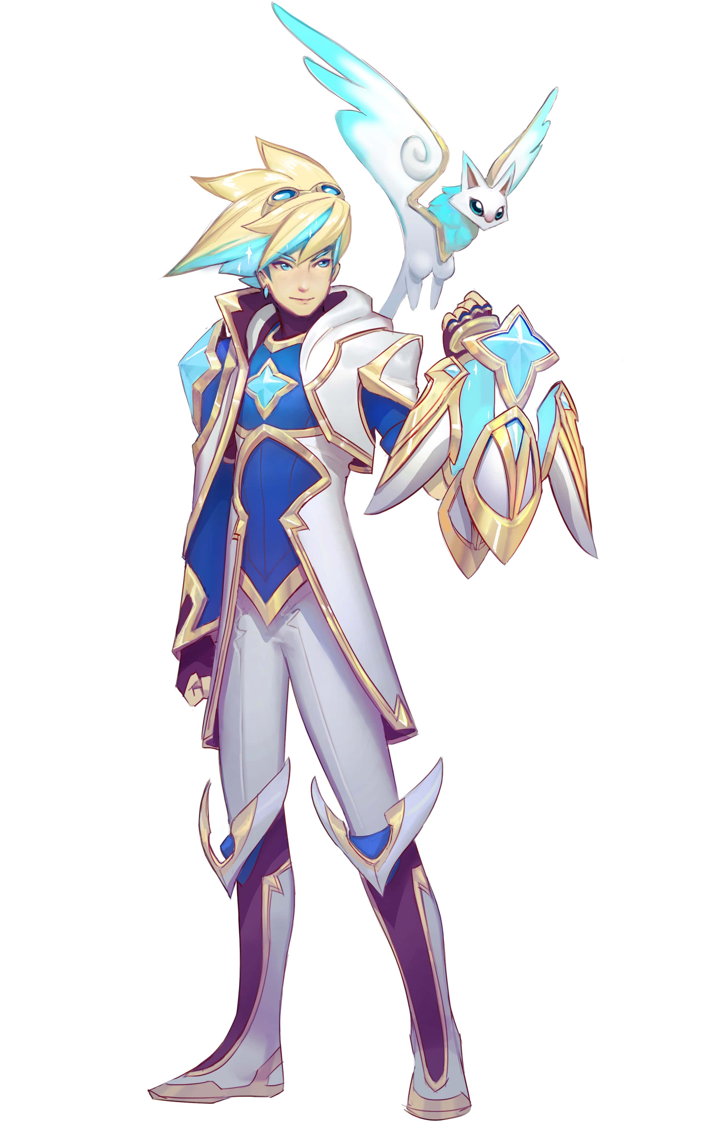 a drawing of an anime male character with blonde hair and blue eyes, wearing white, blue, and gold armor, with a white, blue, and gold weapon and a white, blue and gold creature with wings flying behind him. the character is standing with his feet shoulder width apart and looking to the left.