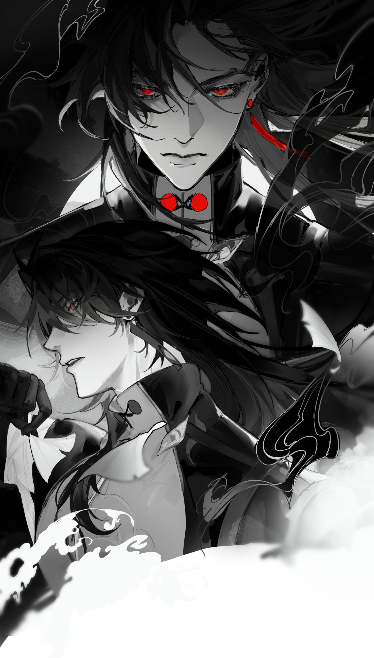 this is an anime style image of two male characters, one in front of the other. the characters are both slender and have long black hair. both have red eyes and are wearing similar dark attire. the image is set in a dark, mysterious, and possibly fantastical setting. the characters are looking at the viewer with a serious expression.