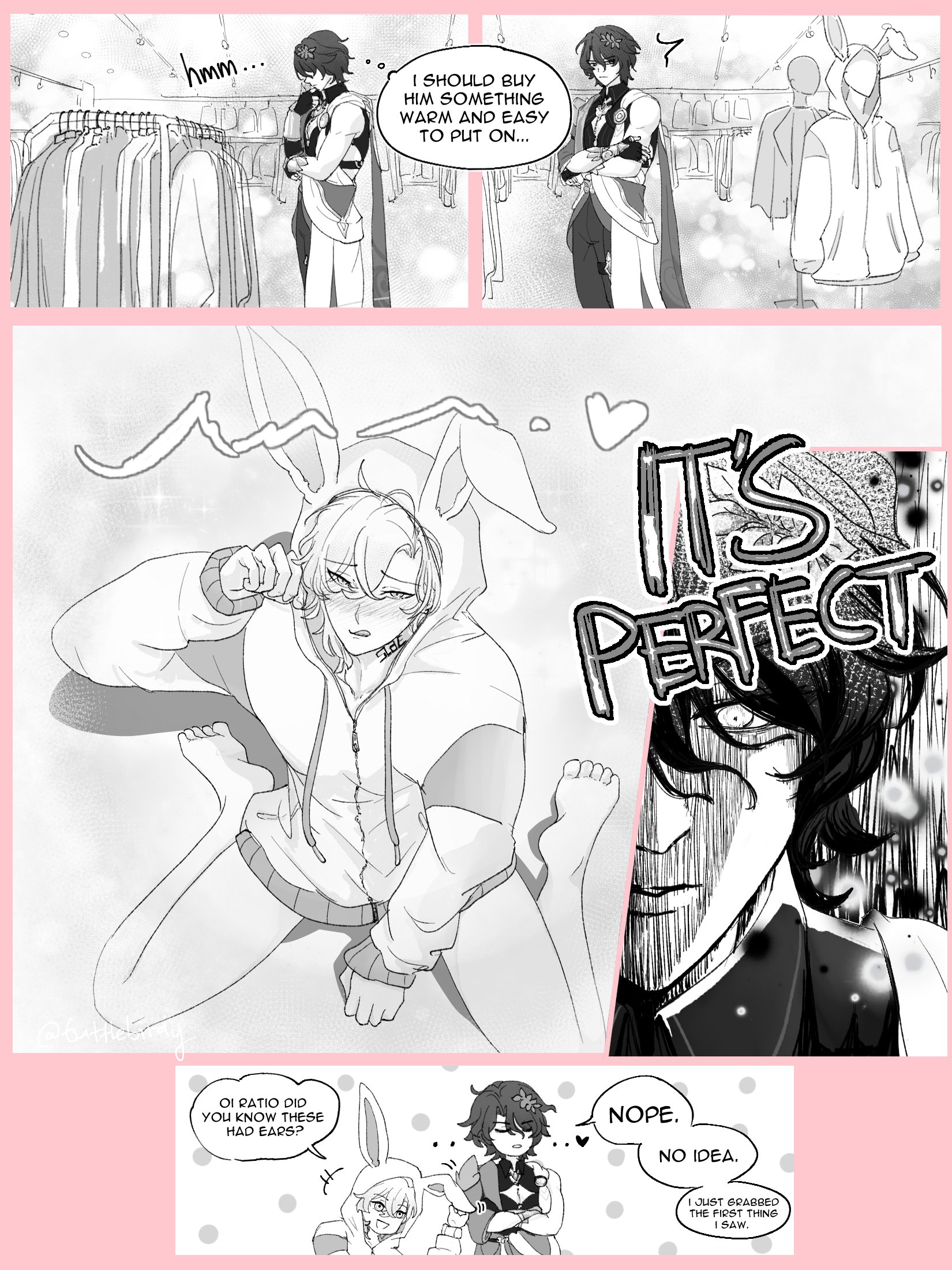he image is a mangastyle comic strip. the first panel shows two men in a clothing store, one of whom is selecting clothes for the other. the second panel depicts a man wearing bunny ears and a hoodie.  the third panel shows a closeup of a man’s face, with the word "perfect" prominently displayed. a final panel shows a smaller scene with two characters. the overall style is lighthearted and romantic. the comic utilizes text bubbles to convey dialogue and narrative. the black and white color scheme gives a softer, gentler feel to the image.