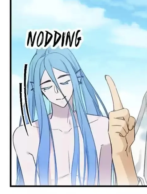 the image is a panel from a manga, manhwa, or similar comic. it features a young, attractive male character with long, flowing light blue hair and a bare chest. he has light skin and a calm, almost serene expression. he is depicted nodding, indicated by a speech bubble that says "nodding" above him. a hand, likely belonging to another character (only a portion is visible), is pointing upwards in the scene, interacting with the main character. the background is a light blue, suggesting a setting near water or an ocean. the art style is clean, delicate and emphasizes the character's ethereal beauty.  the overall mood is peaceful and slightly mysterious.