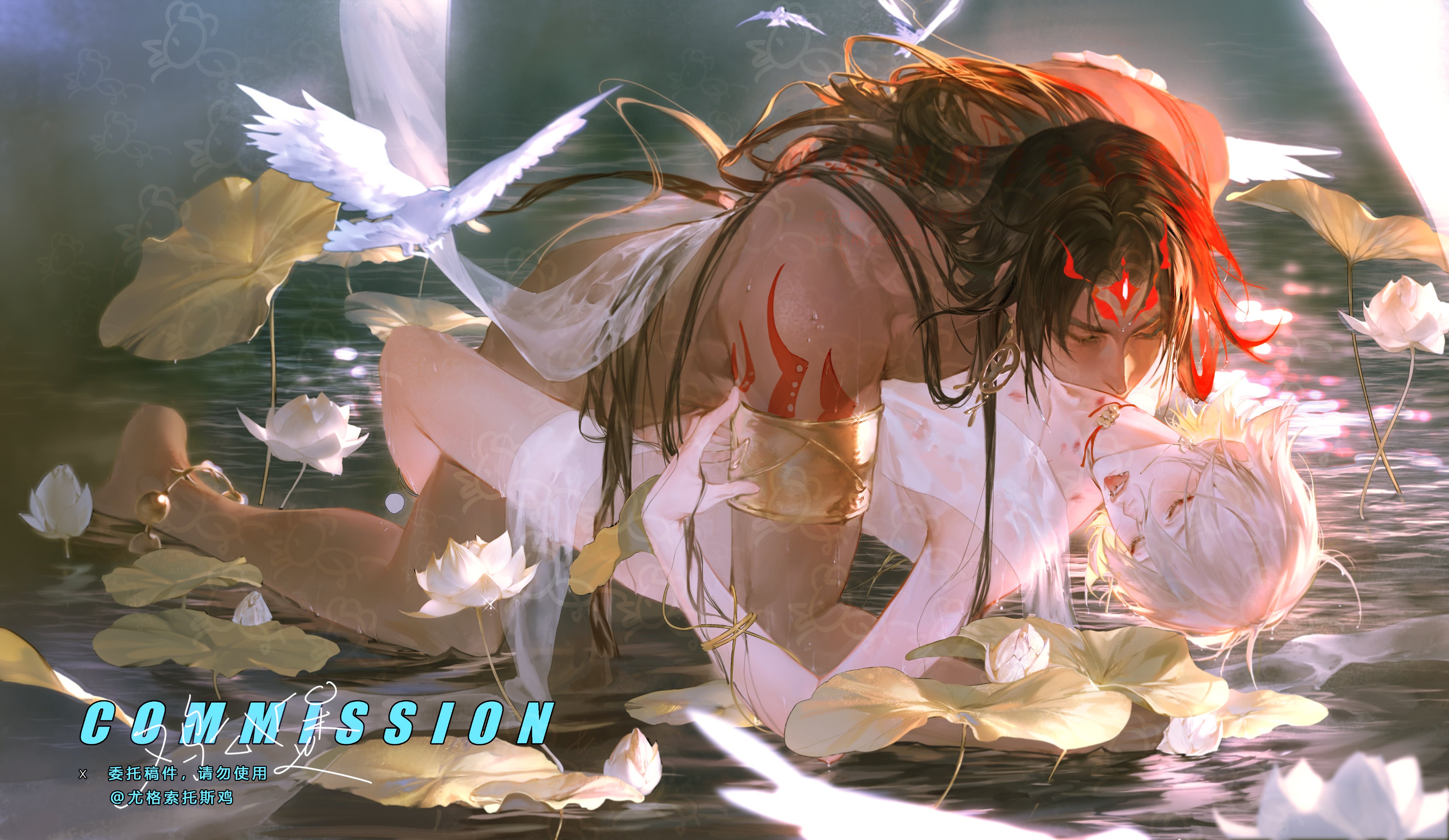 this image depicts a romantic scene between an anime couple. the man with long red hair and