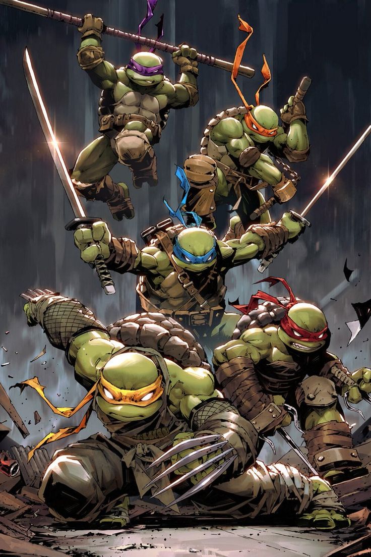 this illustration showcases the teenage mutant ninja turtles in a dynamic action pose. the four turtles, leonardo, donatello, michelangelo, and raphael, are depicted as they engage in intense combat, each wielding their signature weapons. their distinct bandanas identify them – leonardo (blue), donatello (purple), michelangelo (orange), and raphael (red). the gritty and urban environment adds to the intensity of the scene, emphasizing their heroic and gritty nature. the illustration captures the essence of their comic book origins, showcasing their powerful fighting skills and unwavering determination.