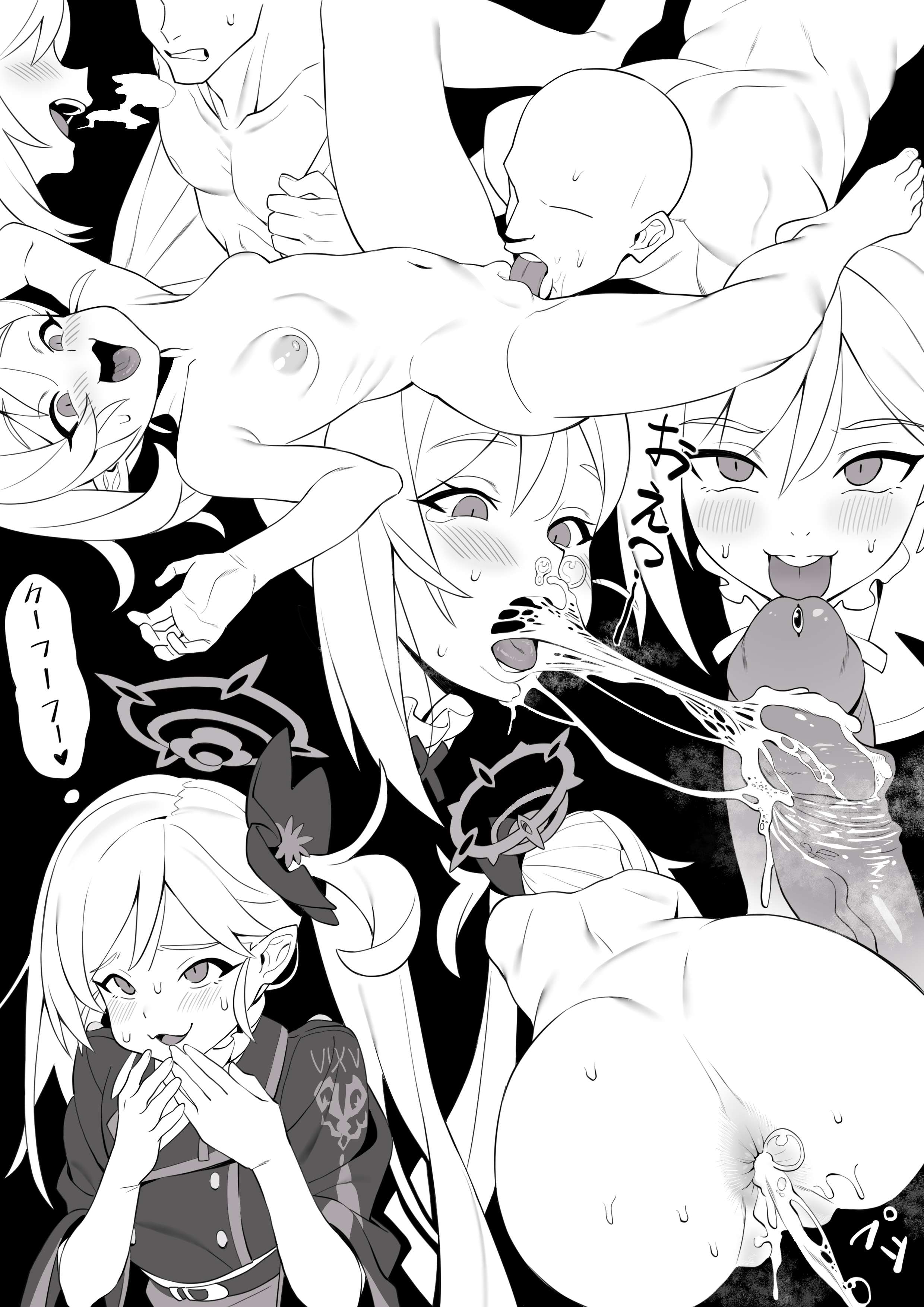 the image contains depictions of sexual activity and nudity involving multiple people. it appears to be fan art of characters from the game genshin impact. the scene includes fellatio and ejaculations.