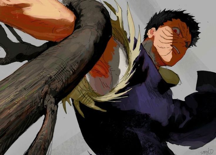the image showcases a dynamic and intense scene from an anime or manga. a male character with a powerful and imposing presence is depicted in the midst of a fierce battle. the character's facial expression is one of determined aggression, highlighting his intense focus and strength. his attire is a mix of dark tones, suggesting a sense of danger and mystery surrounding him. the artwork itself is masterful, using bold lines, dynamic posing, and impactful shading to create a sense of movement and energy. the overall composition is balanced yet chaotic, reflecting the intensity of the fight. the image evokes a sense of power, struggle, and the potential for epic battles.