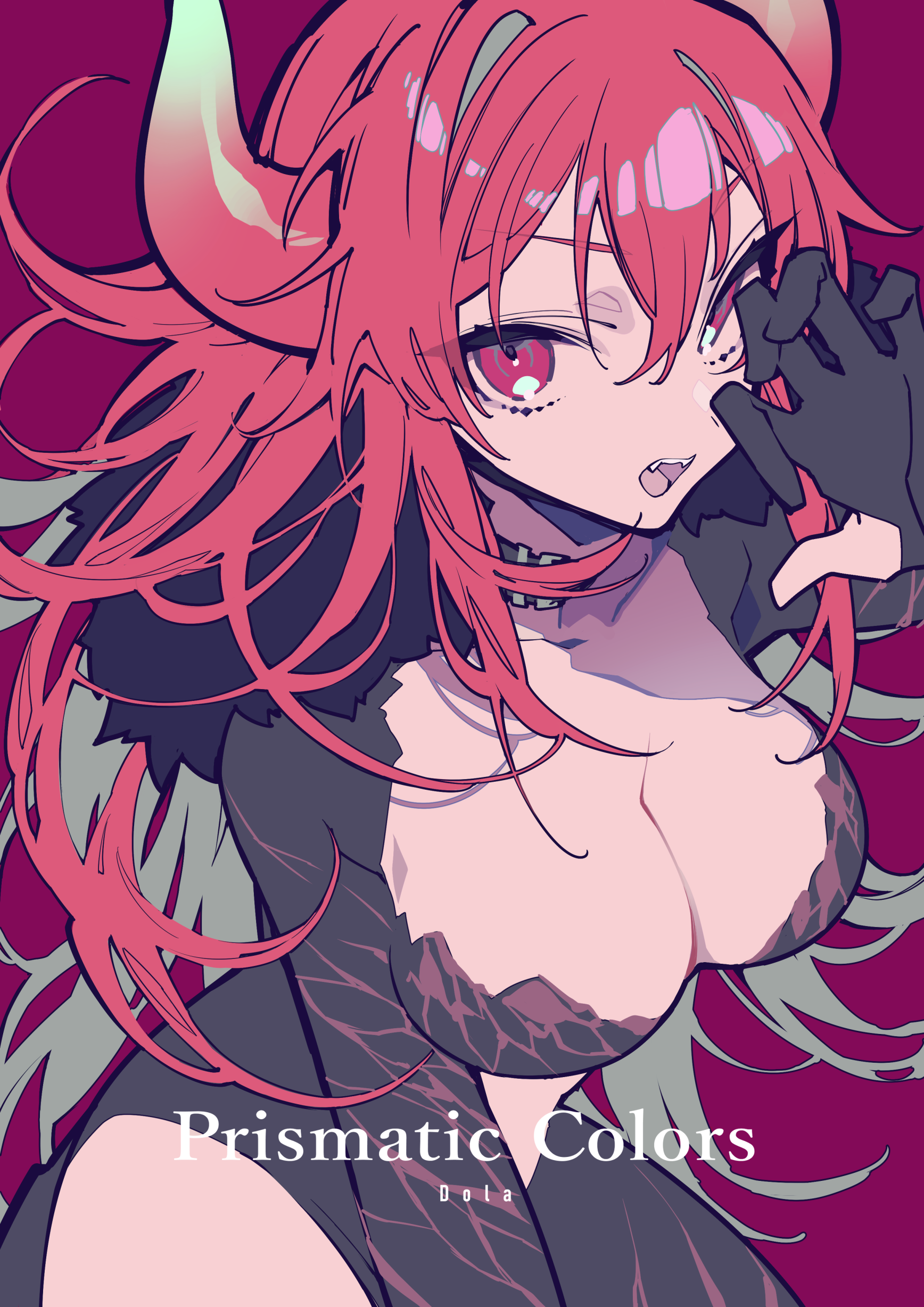 an animestyle image featuring a woman with pink hair and horns. she has red eyes and is wearing a choker. the image also contains the text "prismatic colors" and "dola". she has large breasts and is wearing dark gloves.