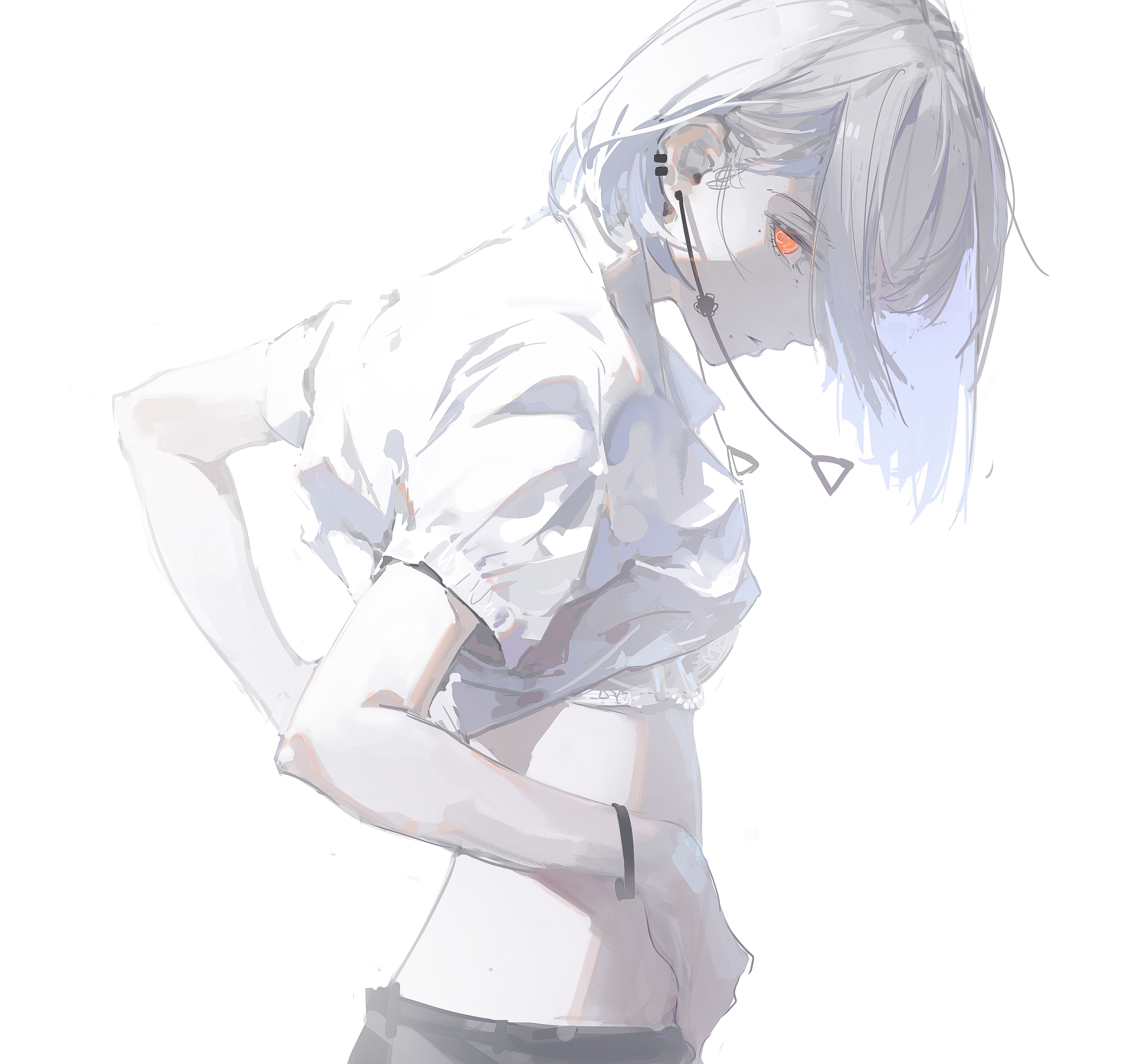 this image is a digital illustration of a young anime girl with short white hair and bright orange eyes. she is wearing a simple, white shirt and white pants and is standing against a white background. her head is tilted down and her gaze is fixed on something below her, giving a sense of thoughtfulness or perhaps sadness. the image is drawn in a soft and delicate style, with a focus on the girl's delicate features and the soft flow of her hair. the overall mood is one of quiet contemplation and gentle beauty.