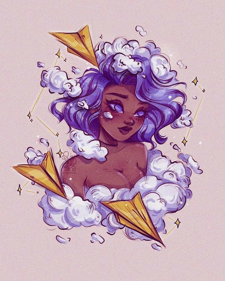 the image depicts a woman with long purple hair floating in a cloud. she is surrounded by paper airplanes and stars, creating a dreamy and whimsical atmosphere. the illustration is done in a digital style, with vibrant colors and soft lines. the overall feeling of the image is surreal and abstract, suggesting a sense of freedom and imagination.