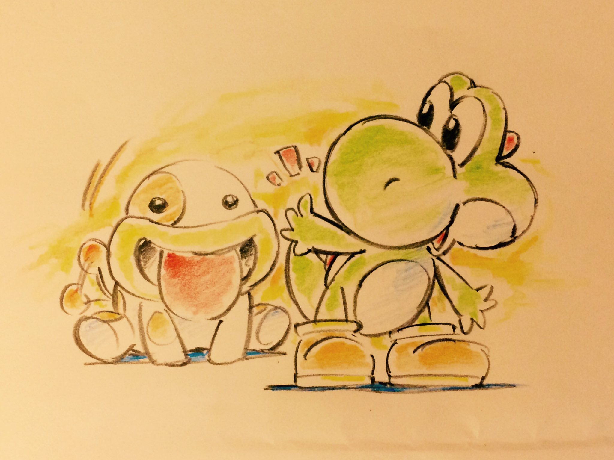 the image is a colored drawing of yoshi from the super mario video game series and a white puppy. they appear to be indoors. yoshi is surprised, as indicated by the exclamation marks near his head, and the puppy is eagerly reaching out a paw to yoshi and panting with excitement.