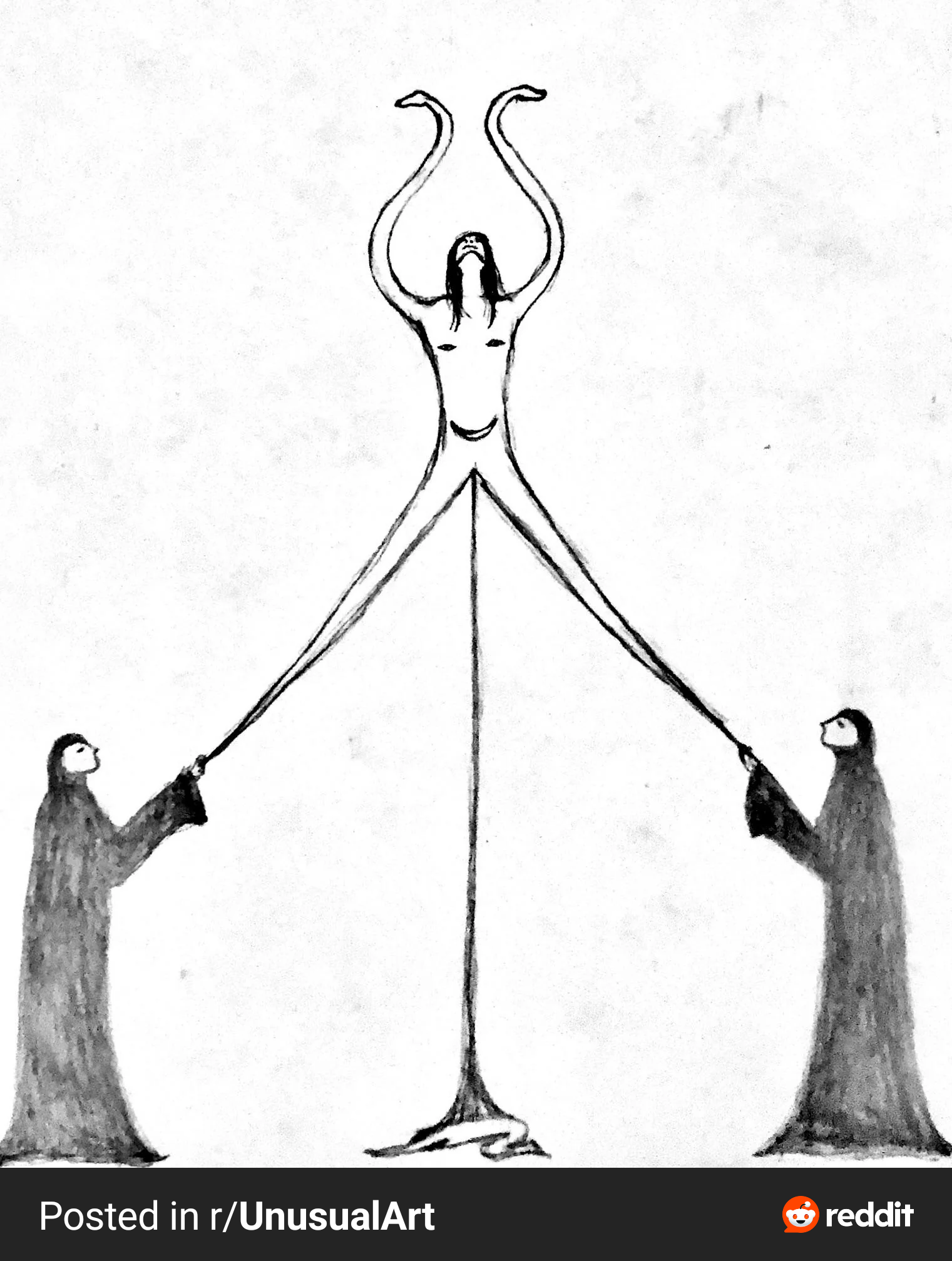 the image is a black and white line drawing depicting a surreal or symbolic scene.  a central, nude figure with arms raised in a serpentine pose is connected by lines to two robed figures on either side, who seem to be pulling on these lines. the central figure's lower body appears to extend into a form resembling a plant or tree. the style is minimalist and suggestive, leaving the meaning open to interpretation. the overall impression is one of ritual, possibly sacrifice, or a symbolic representation of spiritual or mystical themes. the image has a somewhat unsettling and mysterious quality.