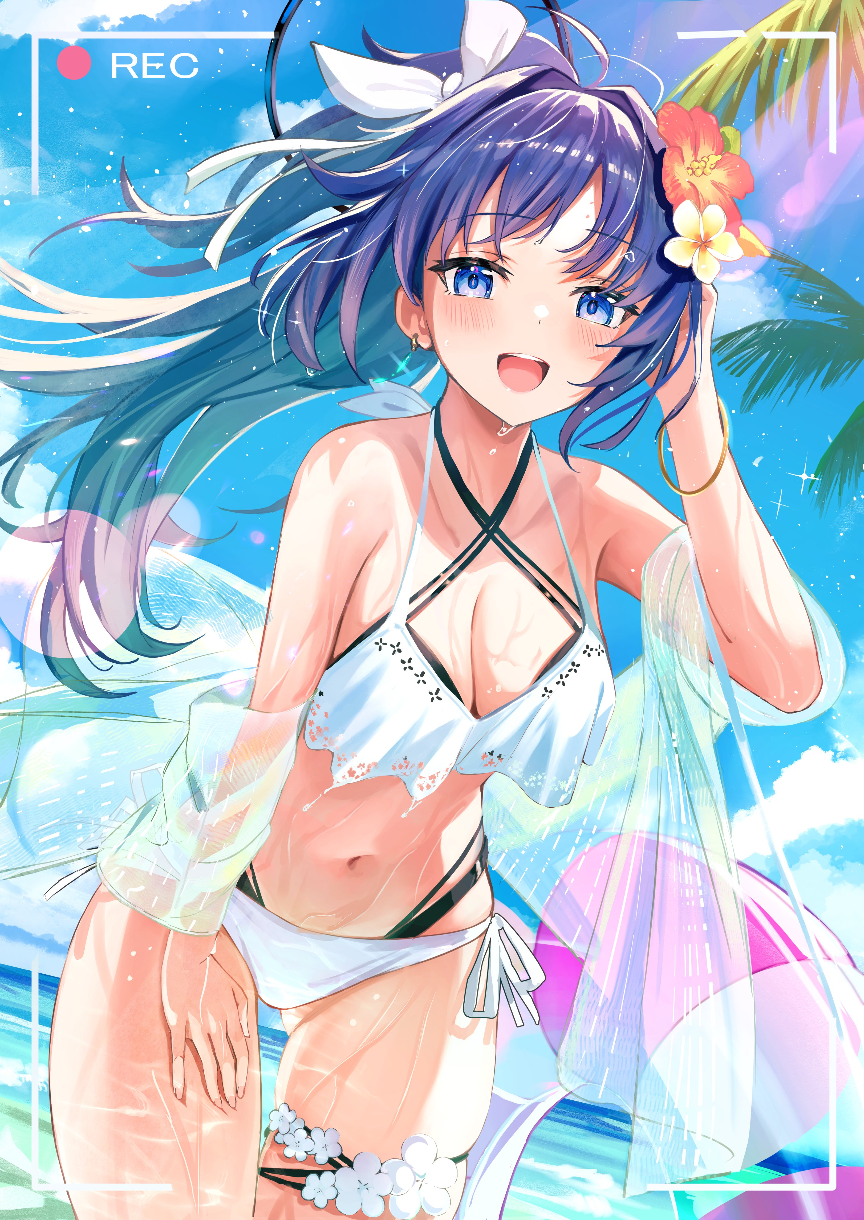 a drawing of a girl with long purple hair, wearing a white bikini and a flower on her head, standing on a sunny beach. the sky is blue and the sea is visible in the background. the image is framed by a simulated camera recording overlay.