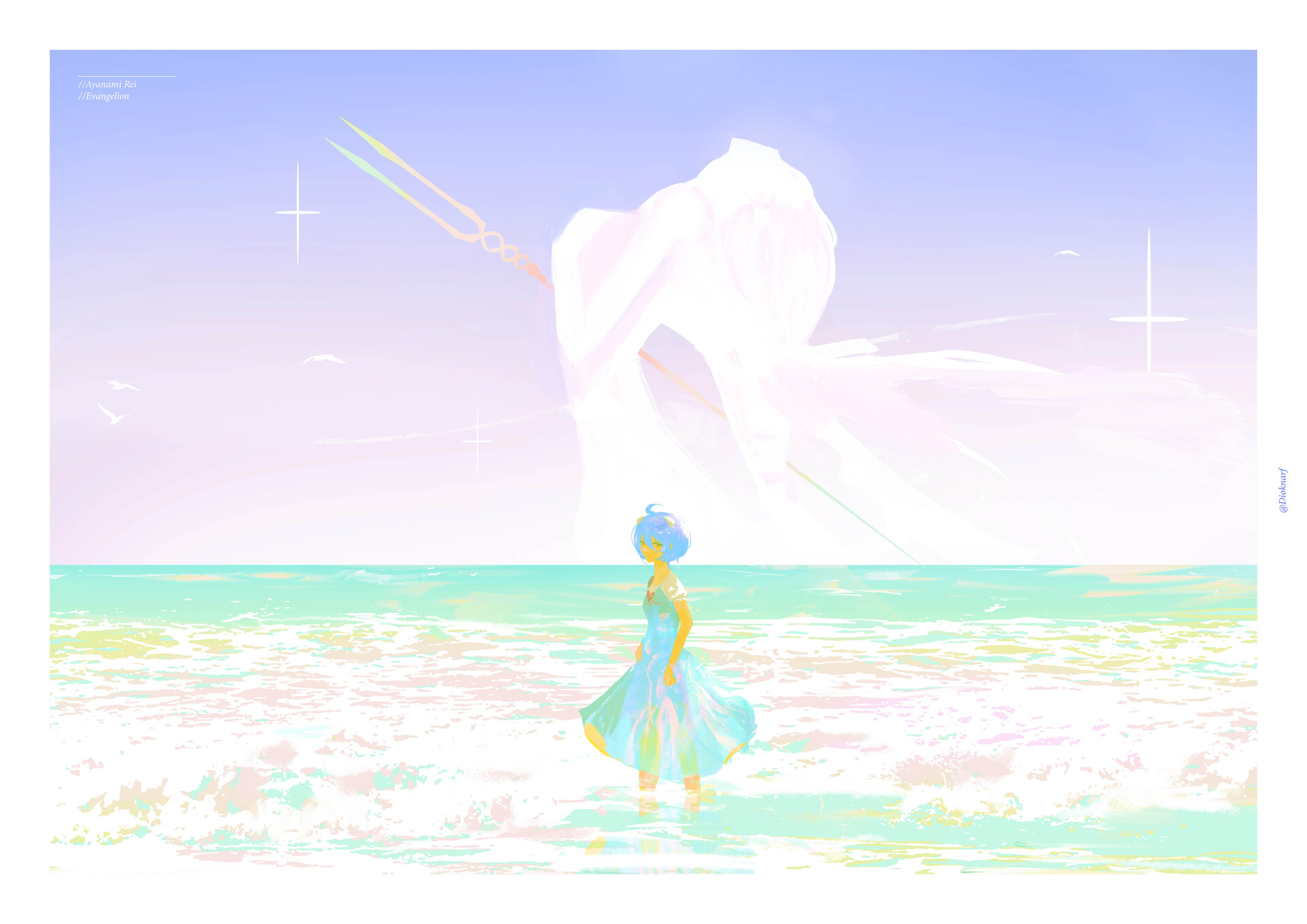 a young woman with short blue hair stands in shallow ocean water, gazing at a towering, ethereal figure formed from clouds. the figure holds a spearlike object, partially obscured by the cloud formations. the scene is bathed in soft, pastel colors, creating a dreamy, otherworldly atmosphere. the beach stretches out on either side of the woman, and the sky above is a clear, pale blue.