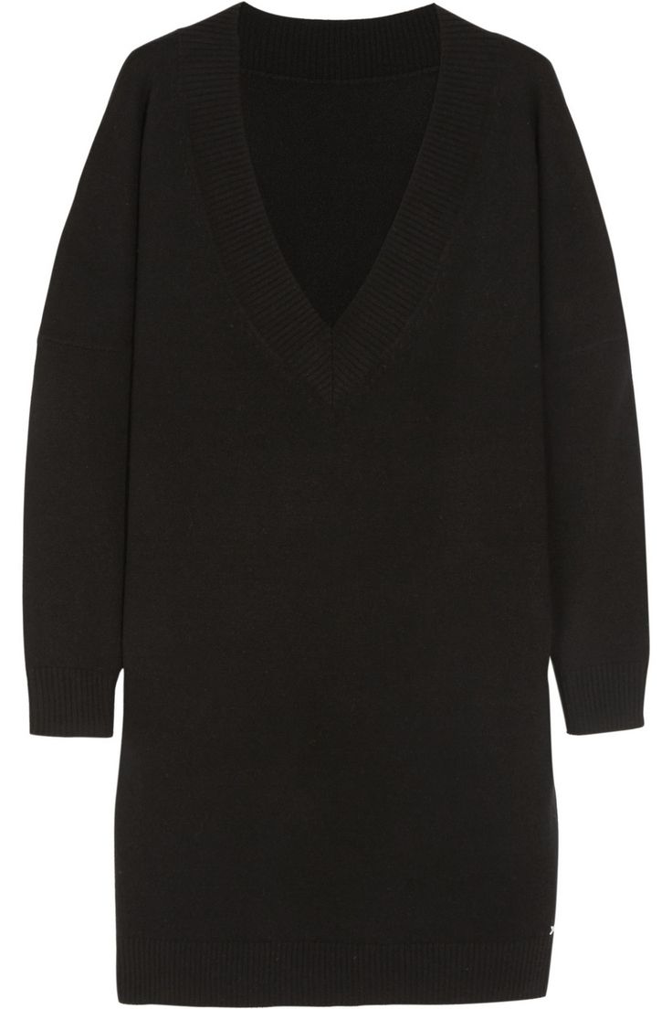 a black, vneck sweater dress with long sleeves is displayed on a white background.