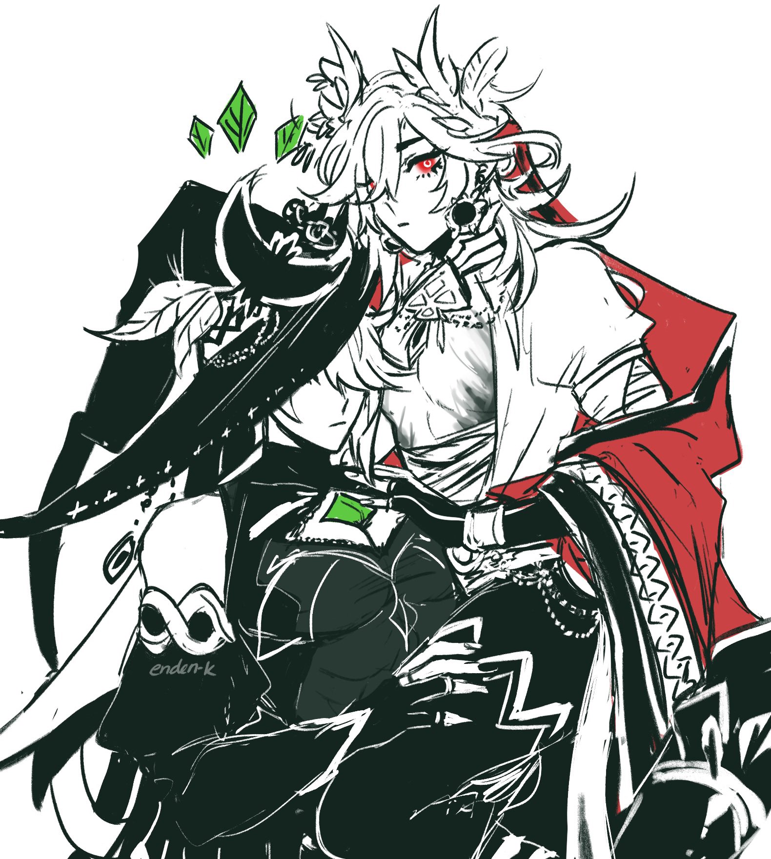this is a digital art illustration of an anime character. the character is a young man with white hair and red eyes. he is wearing a white shirt with a black vest over it. he is also wearing black pants and a red cape. he has a green leaf in his hair and is holding his hand to his cheek. he is standing in a dramatic pose. the art style is very detailed and has a dark and moody feel to it.