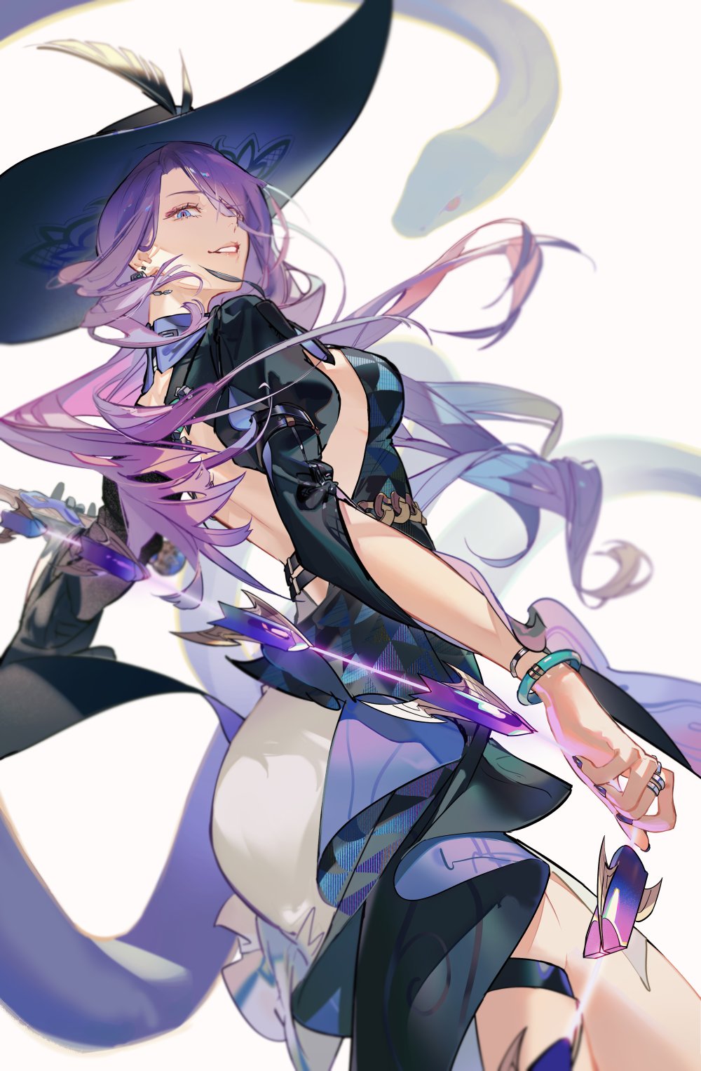 the image is an animestyle drawing of a woman dressed as a witch. she has purple hair and fair skin. she is wearing a large black hat. behind her is a large snake. she is holding two swords with purple blades. she is wearing jewelry on her hand. she has a confident expression on her face. the background is a white gradient.
