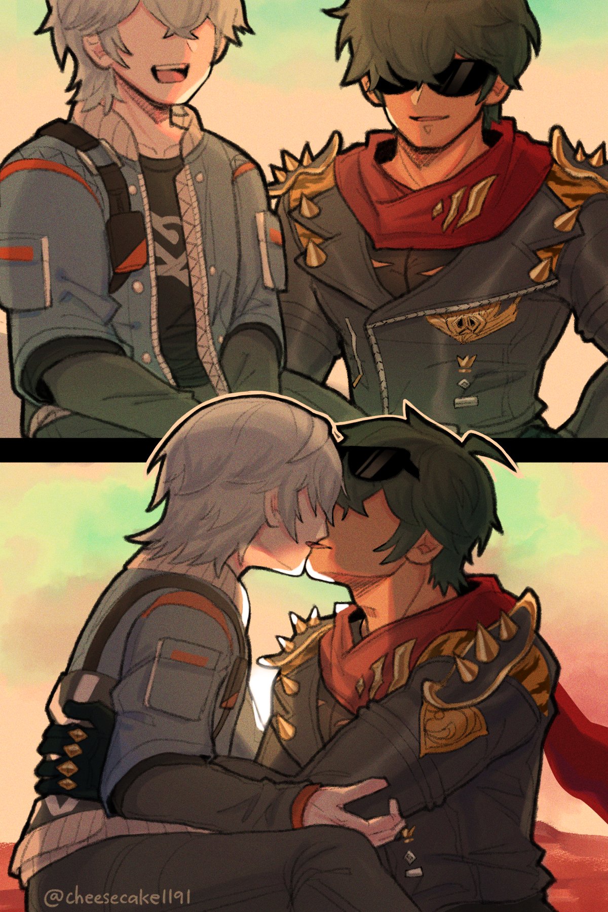 two anime boys, one with white hair and one with green hair are smiling at each other in the top image. the bottom image shows the boys kissing. they are both wearing jackets with a variety of designs. the background is a blurred orange and yellow.