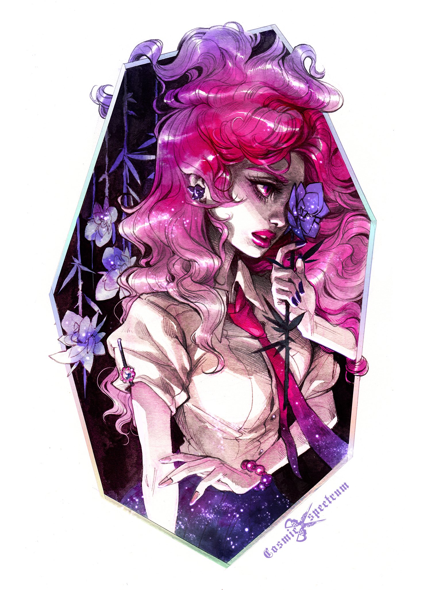 the image is a vibrant watercolor and ink illustration of a stylized anime or mangastyle girl. she possesses long, voluminous pink and purple hair, styled in a dramatic fashion. she's wearing a lightcolored, possibly white or creamcolored, collared shirt with a darkcolored tie. her expression appears somewhat melancholic or introspective as she gently holds a dark purple flower. the background is dark, creating a strong contrast with her bright hair and clothing. the background also features stylized dark plants, like bamboo or similar foliage.  the overall style is a blend of dark and light elements, with a cosmic or galaxy effect subtly blended into her clothing and the lower portion of the image.  the art has a detailed, almost painterly quality, showcasing skillful use of color and shading. the image is enclosed within a geometric, slightly iridescent frame that resembles a stylized tombstone or gem.  the artist's signature, "cosmic spectrum," is visible near the bottom.