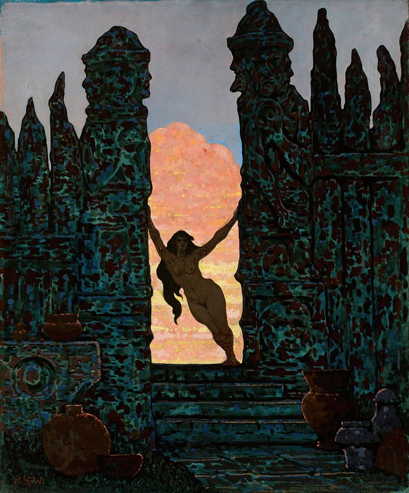 the image is a painting of a nude woman standing between two ancient, dilapidated stone gate pillars, perhaps the entrance to a ruined temple. she is holding onto the pillars with her arms outstretched. behind her is a sky with soft, peachcolored clouds. the pillars are decorated with carvings of faces or figures. below, there are stone steps and several clay pots. the painting style is reminiscent of fantasy or historical illustration. the woman has long, dark hair and is positioned to the side, with one foot resting higher than the other on a stone step. the pillars and structures have a weathered and aged appearance, with colors dominated by blues, greens, and browns. the sky and clouds provide a contrasting warm tone to the scene. the artwork shows influences of maurice sendak's style.