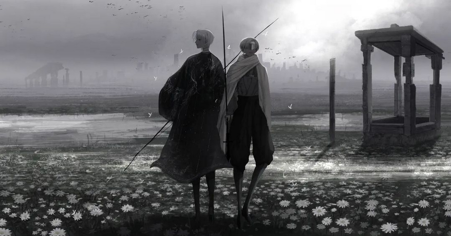 two men standing in a field of flowers, one in a dark coat and the other in a light one. they are both holding swords and appear to be looking into the distance. the background is dark and misty, with a faint outline of ruins in the distance. the atmosphere is somber and mysterious.  the scene is drawn in black and white.  the men are animestyle.