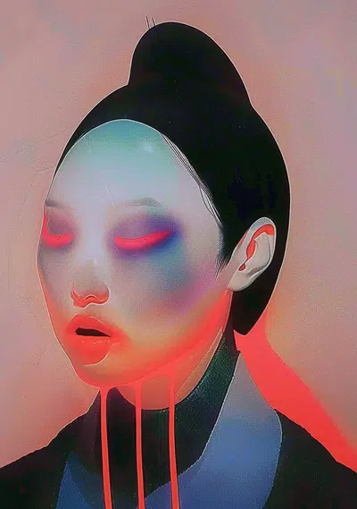 a woman's portrait with a dramatic and colorful makeup look. she has bold, red eyes and lips, and her face is highlighted with holographic shimmer. her black hair is pulled back in a simple style.