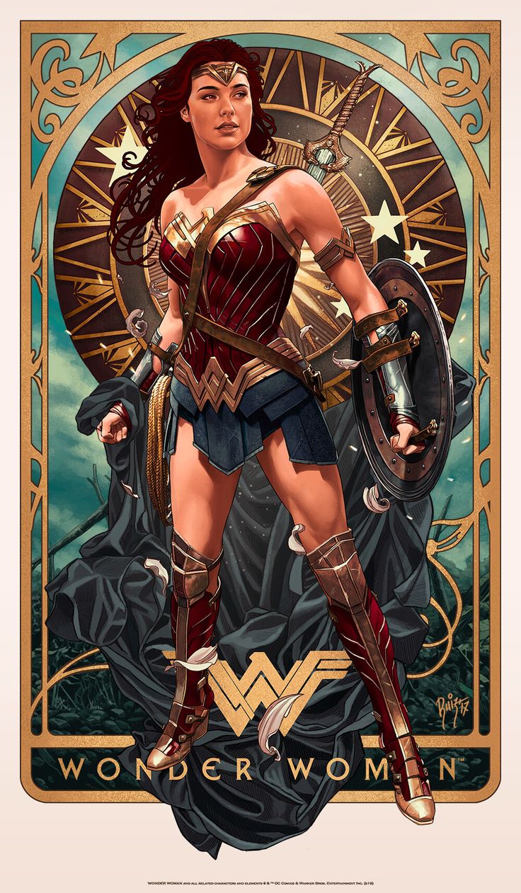 illustration of wonder woman, standing tall and proud, holding a shield and potentially a sword. she is wearing her iconic armor, with gold, red, and blue elements. behind her is a complex design incorporating stars and what appears to be a celestial or astral background. the artwork is reminiscent of art deco or art nouveau styles, with ornate gold detailing and a classic portrait style. the name "wonder woman" is displayed at the bottom, with the wonder woman logo visible in the center.