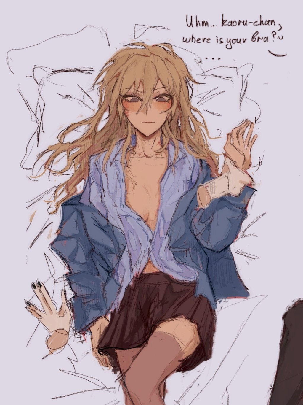 an anime girl with long, messy blonde hair lies on a bed. she is wearing an unbuttoned blue shirt, a short brown skirt, and stockings. a caption bubble says "uhm... kaoruchan, where is your bra?"
